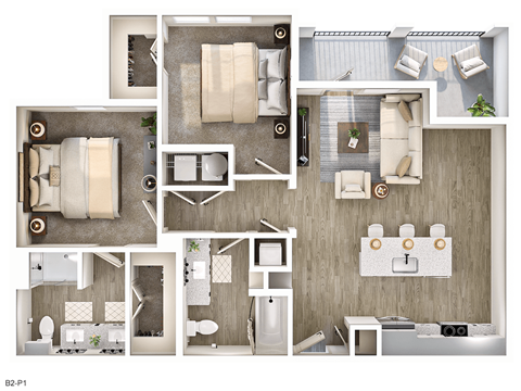 Floor plan for 2 beds, 2 baths, 1069 sqft